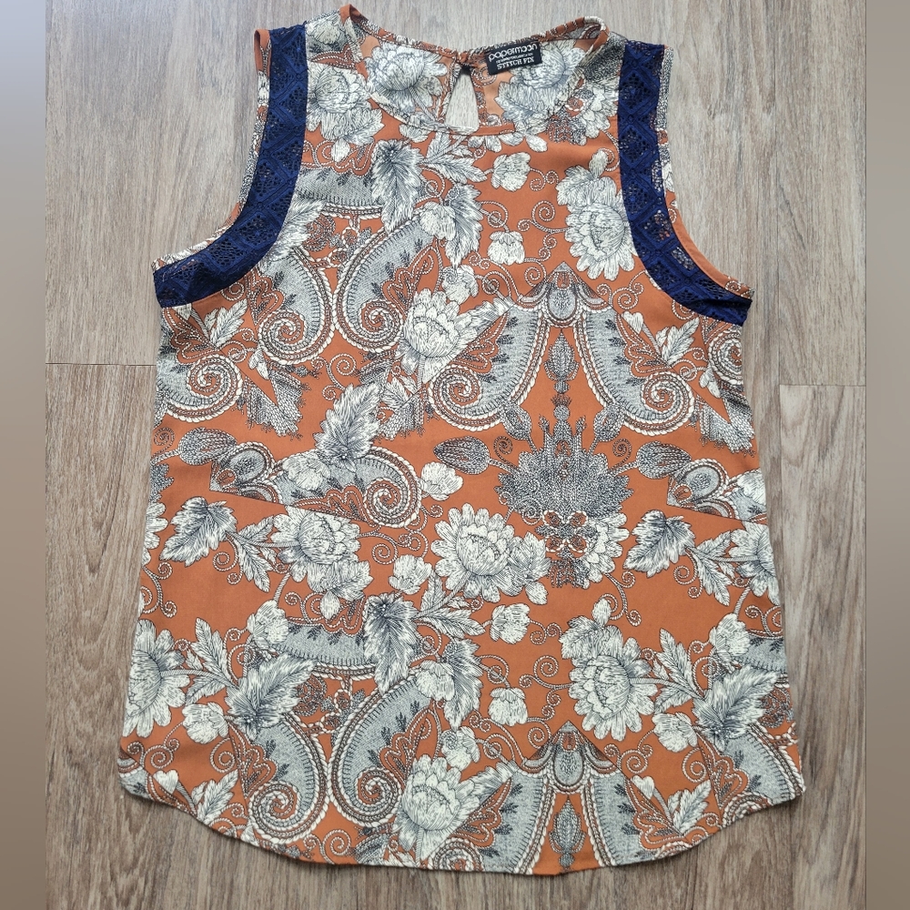 Floral Sleeveless Top - Orange and Blue